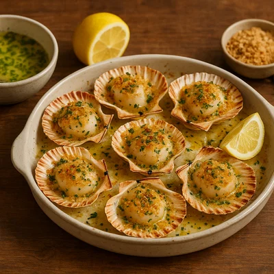 Gebackene Jakobsmuscheln mit Knoblauchbutter