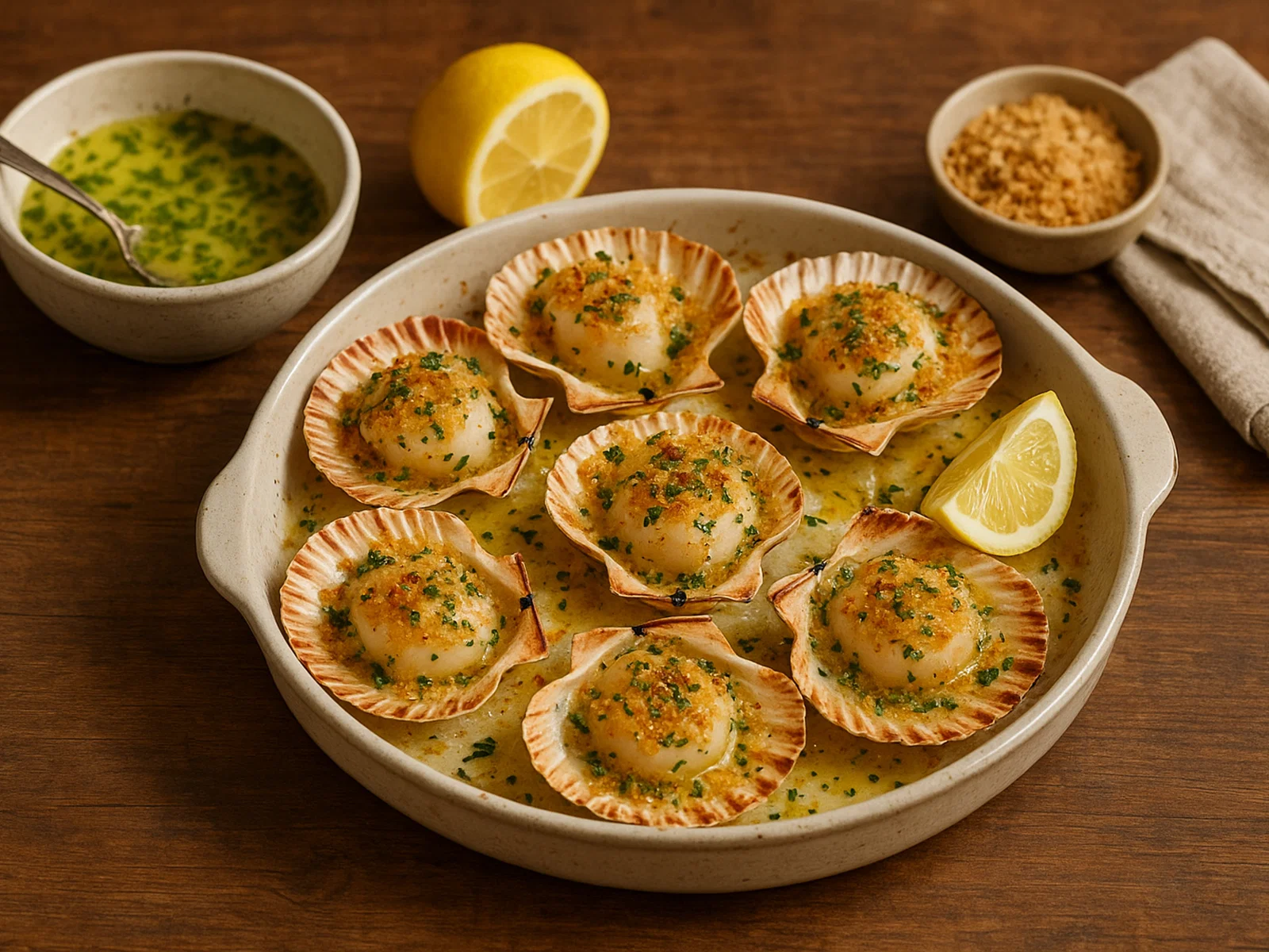 Gebackene Jakobsmuscheln mit Knoblauchbutter