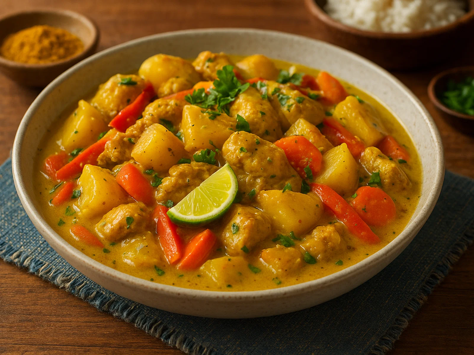 Karibisches Hähnchen-Colombo mit Gemüse und Kokosmilch