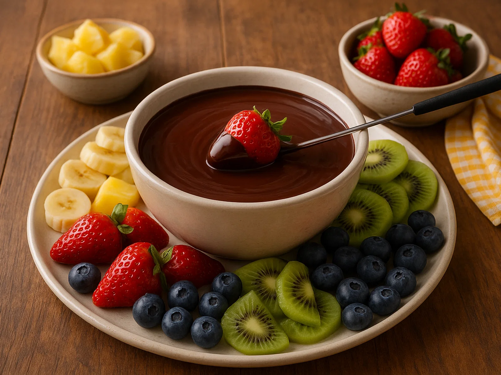 Schokoladenfondue mit frischen Früchten