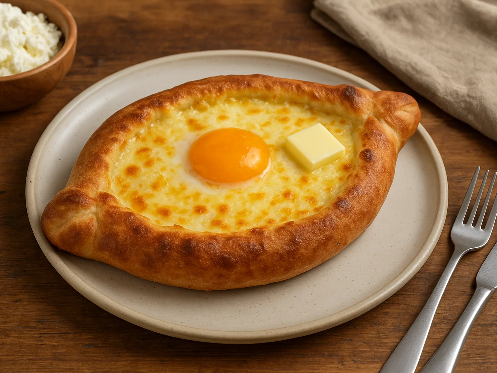 Adjarisches Khachapuri (Boot-förmiges Käsebrot)