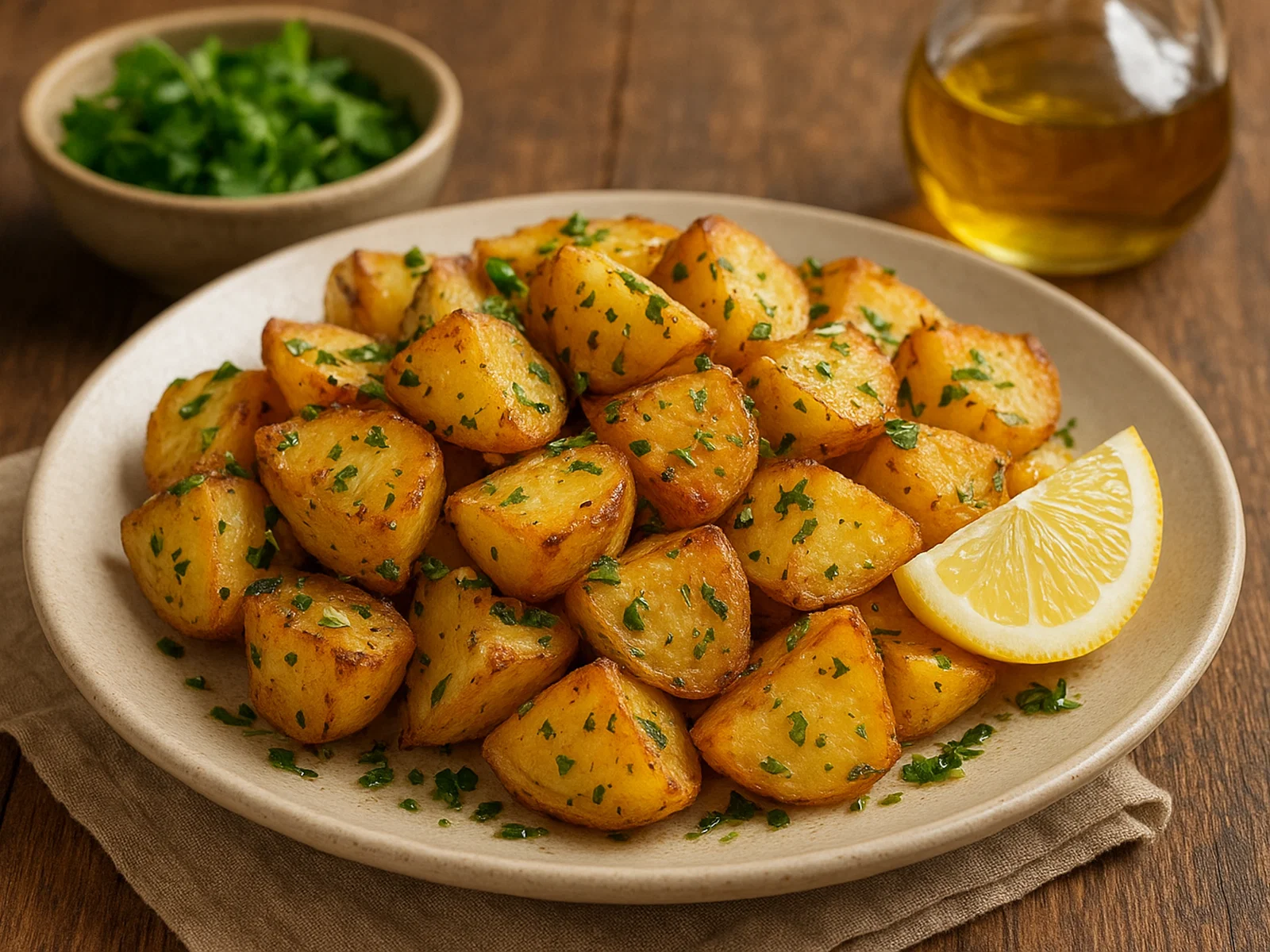 Ofen-Patates mit Kräutern, Olivenöl und Zitrone