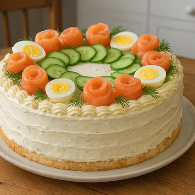Smörgåstårta mit Lachs, Ei, Gurke und Käse