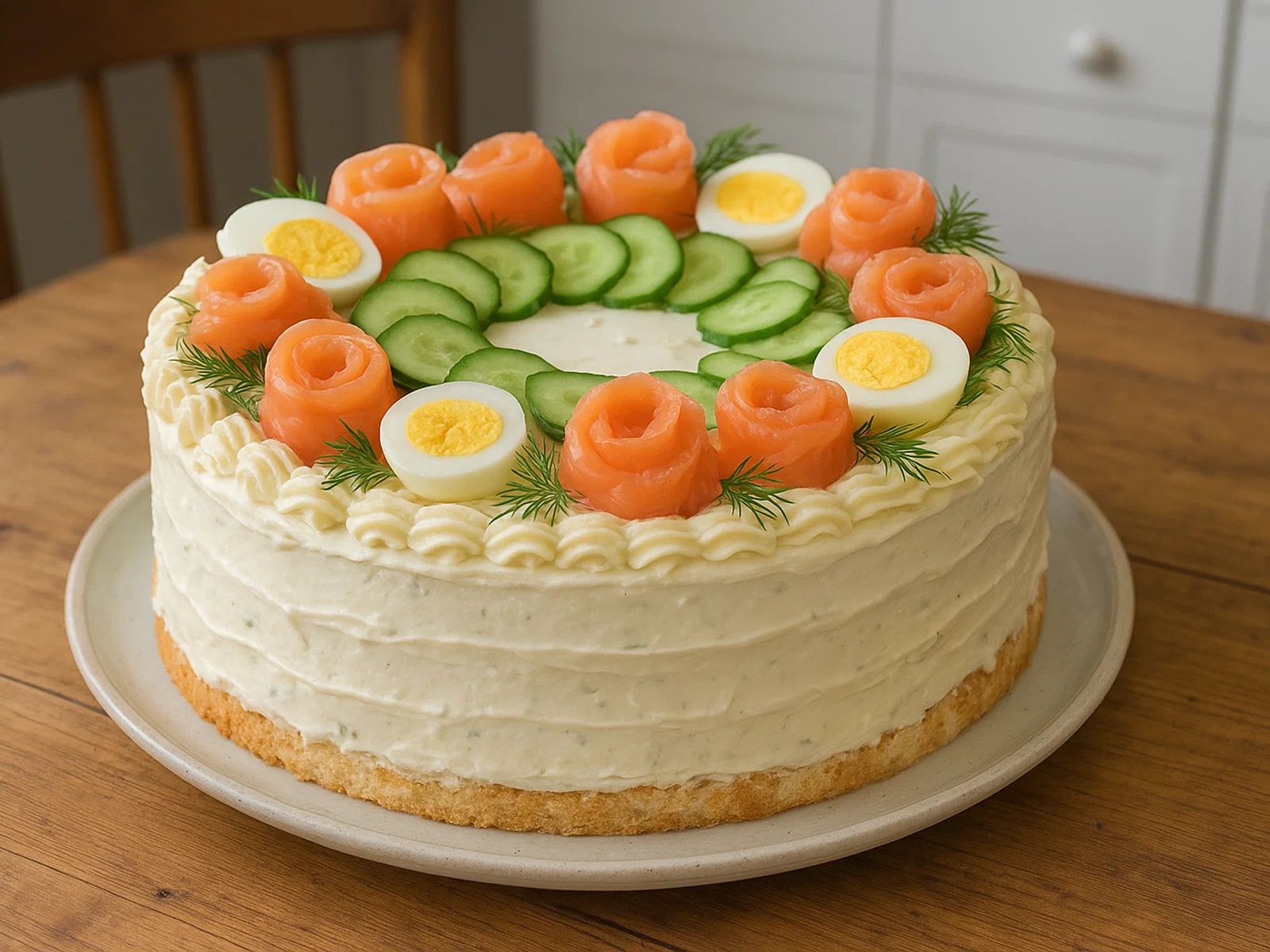 Smörgåstårta mit Lachs, Ei, Gurke und Käse