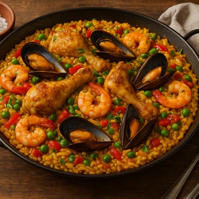 Klassische spanische Paella mit Huhn und Meeresfrüchten