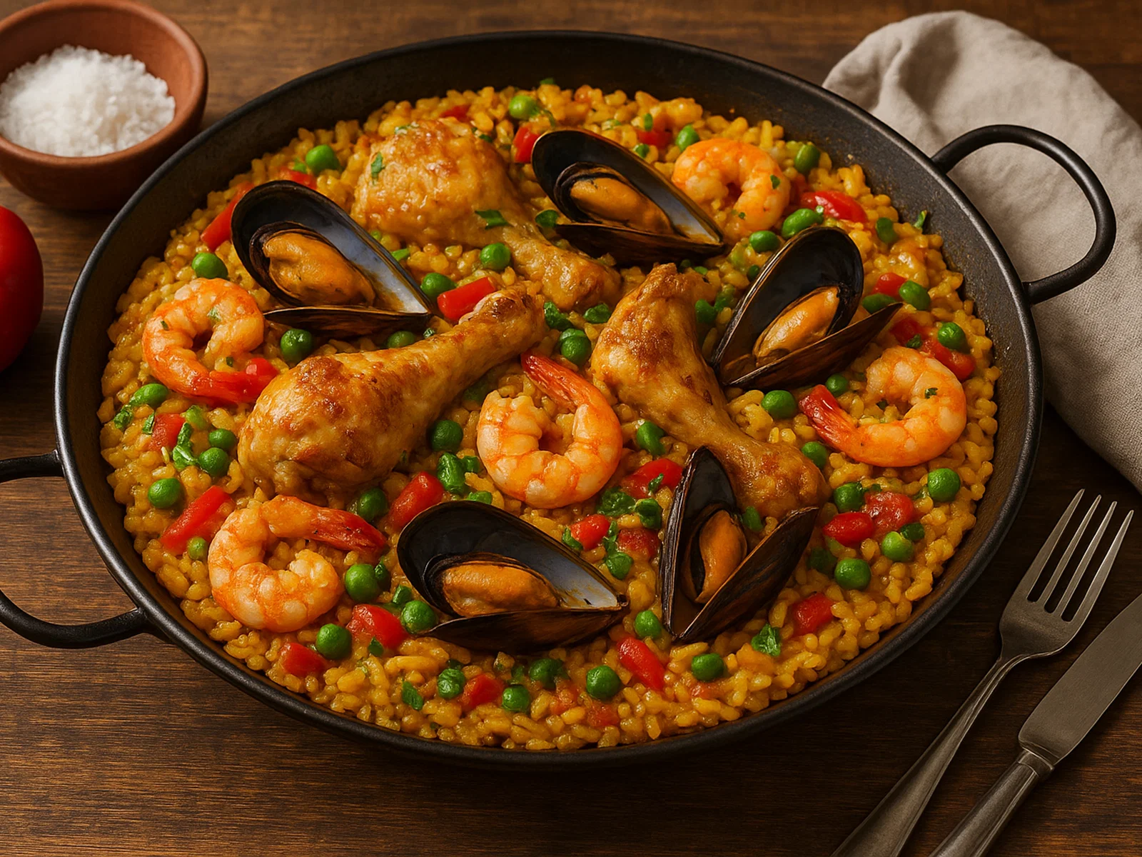 Klassische spanische Paella mit Huhn und Meeresfrüchten