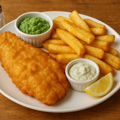 Klassische Fish and Chips mit Bierteig und dicken Pommes