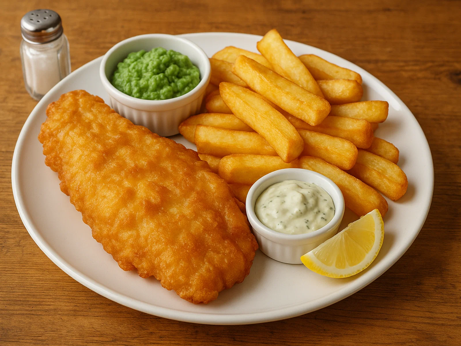 Klassische Fish and Chips mit Bierteig und dicken Pommes
