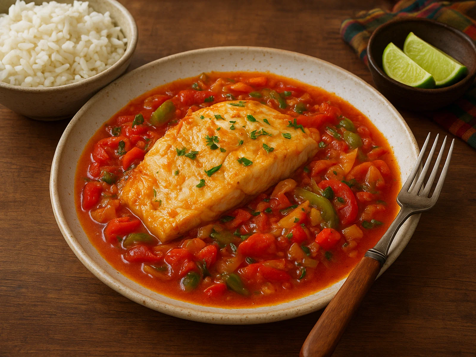 Gekochter Salzfisch in karibischer Tomaten-Paprika-Sauce