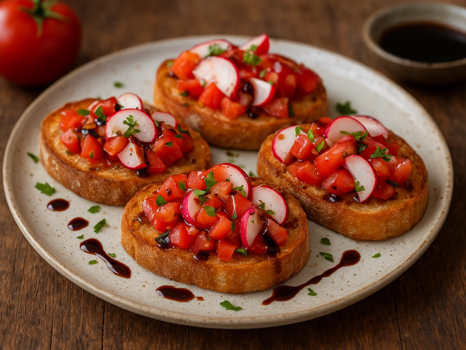 Radieschen-Tomaten-Bruschetta mit Balsamico-Glasur