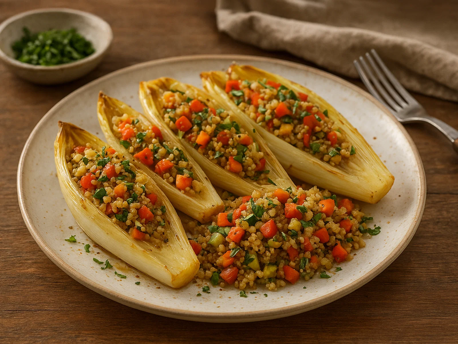 Gefüllter Chicorée mit Quinoa und Gemüse aus dem Ofen