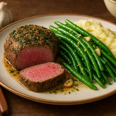 Rinderfilet mit grünen Bohnen und cremigem Kartoffelpüree