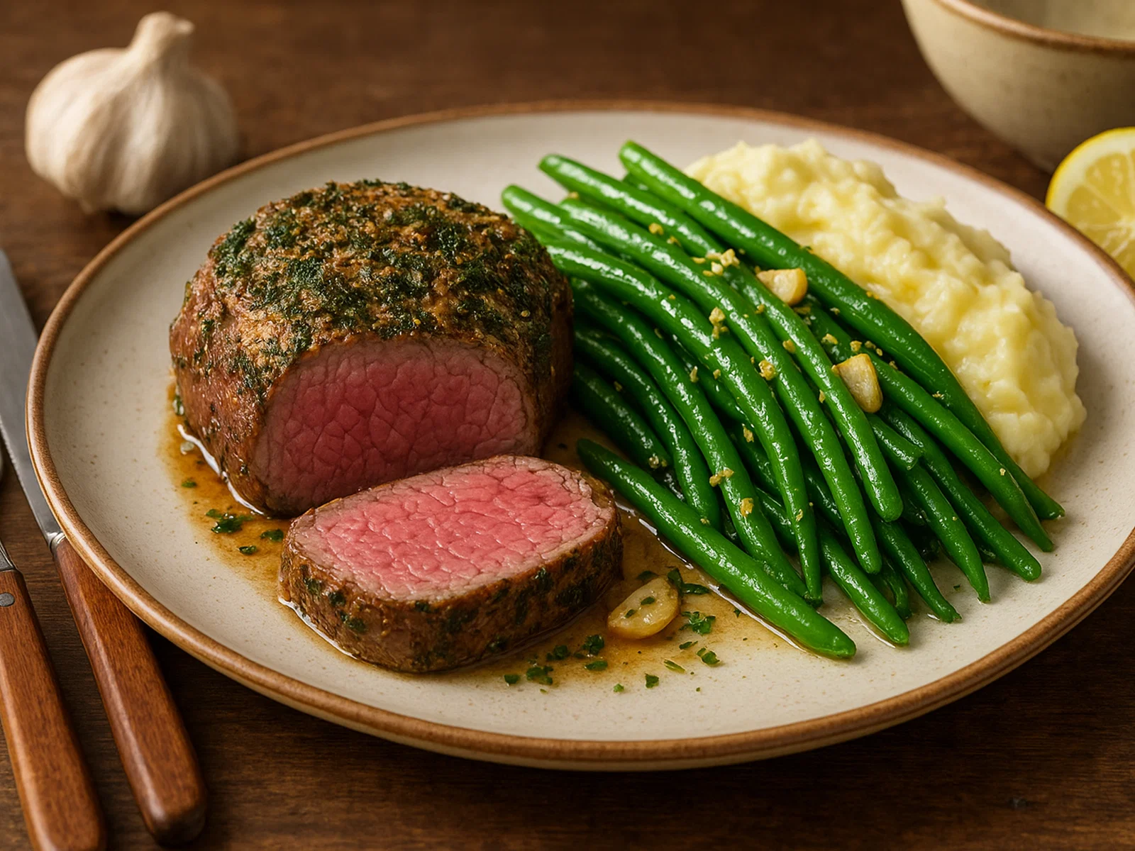 Rinderfilet mit grünen Bohnen und cremigem Kartoffelpüree