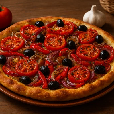 Herzhafte Coca Andorrana mit Tomaten, Paprika und Zwiebeln