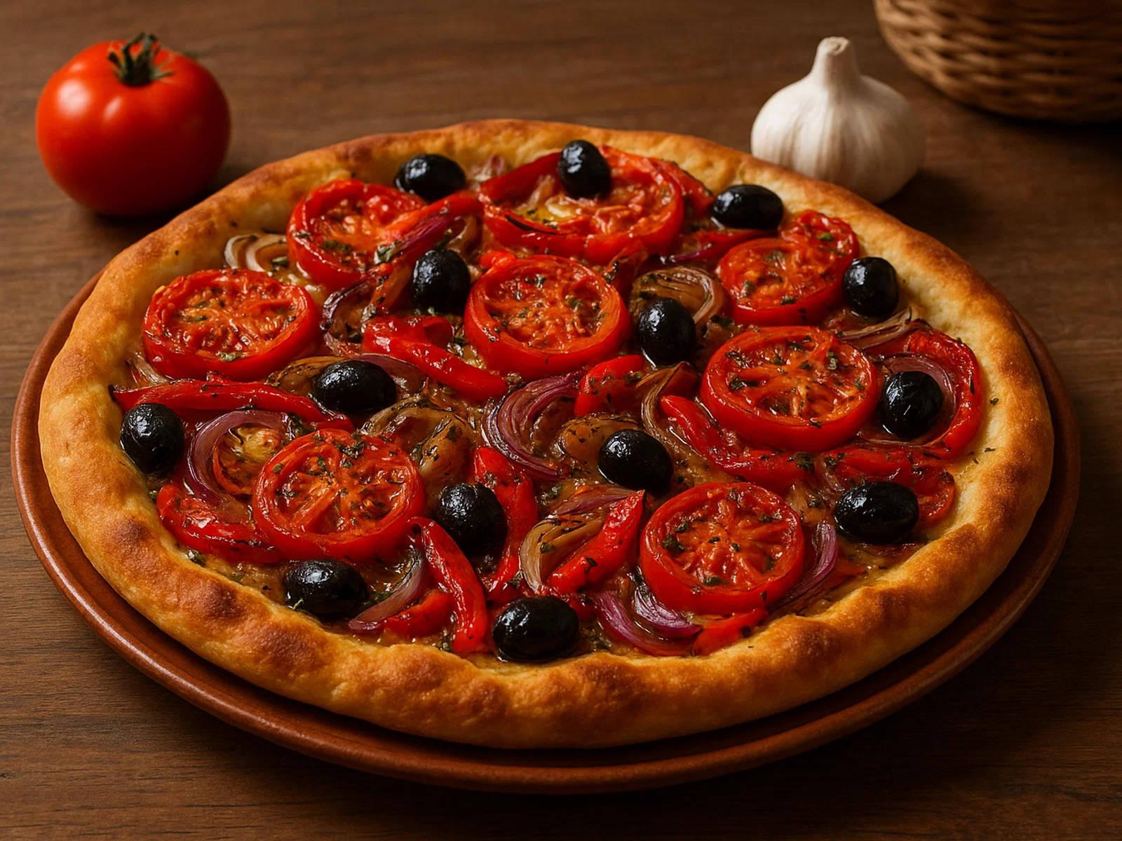 Herzhafte Coca Andorrana mit Tomaten, Paprika und Zwiebeln