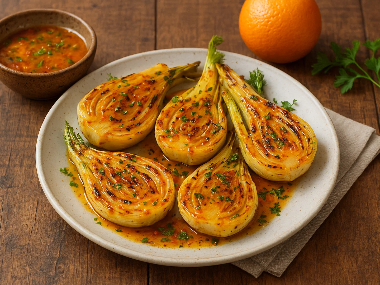 Gegrillter Fenchel mit Orangen-Chili-Glasur