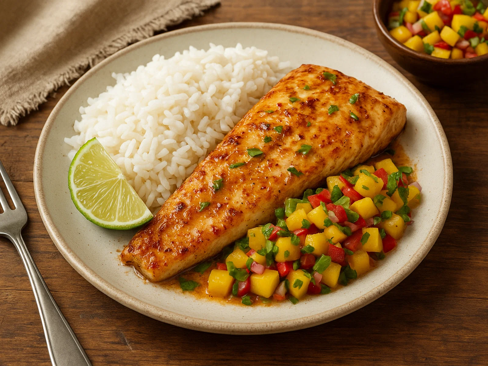Moana Kai – Gegrillter Kokos-Limetten-Fisch mit Jasminreis und Mango-Salsa