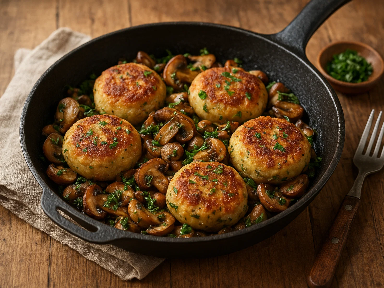 Pfannengeröstete Knödel mit Pilzen