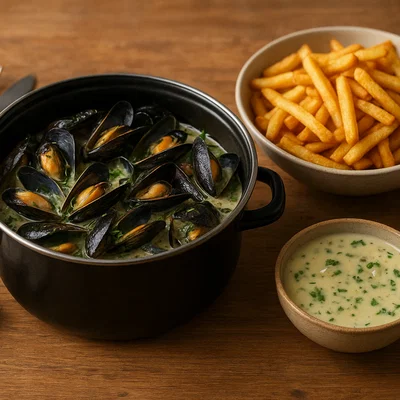 Klassische Moules-frites (Miesmuscheln in Weißwein mit knusprigen Pommes)