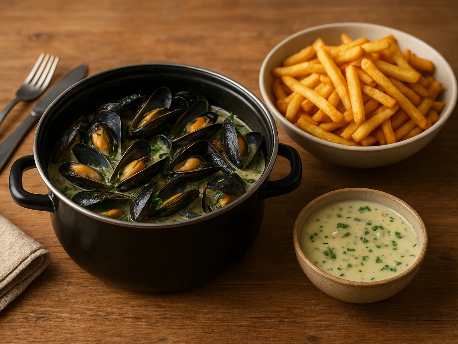 Klassische Moules-frites (Miesmuscheln in Weißwein mit knusprigen Pommes)
