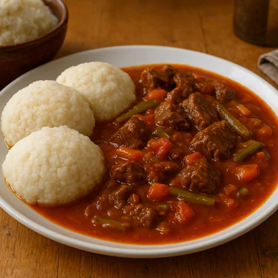 Oshifima mit Rindfleisch-Gemüse-Soße