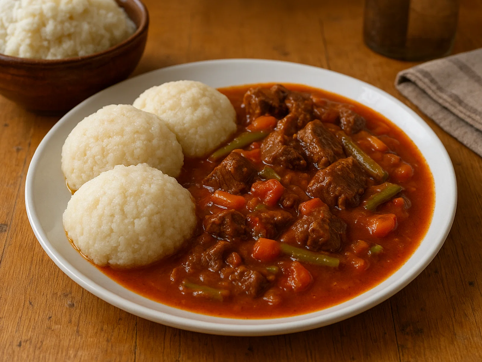 Oshifima mit Rindfleisch-Gemüse-Soße