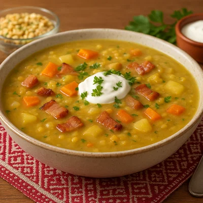 Lettische Zirņu zupa (Erbsensuppe mit Speck)