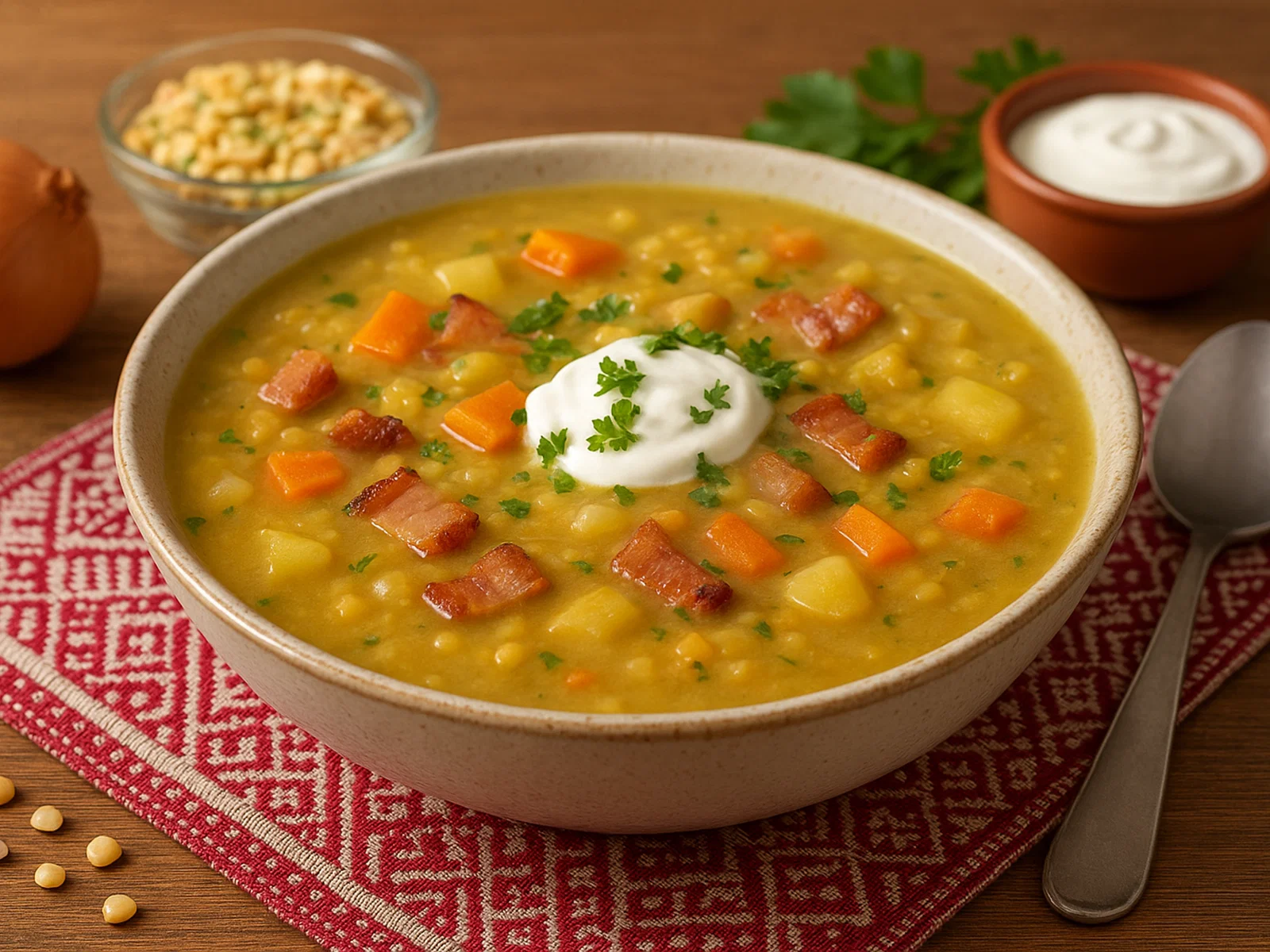 Lettische Zirņu zupa (Erbsensuppe mit Speck)