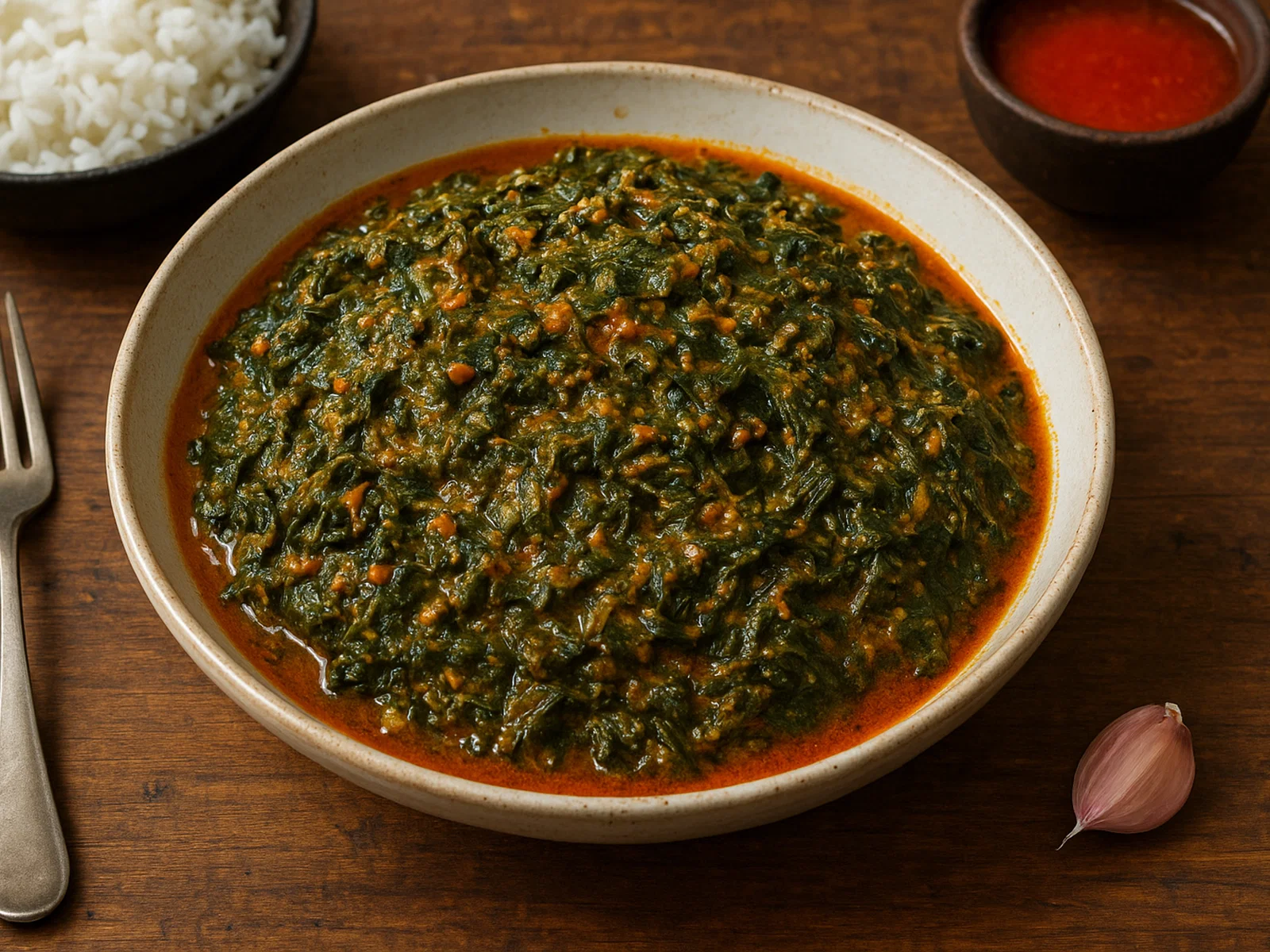 Saka-Saka (Mpondu) – Maniokblätter mit Erdnuss und Palmöl
