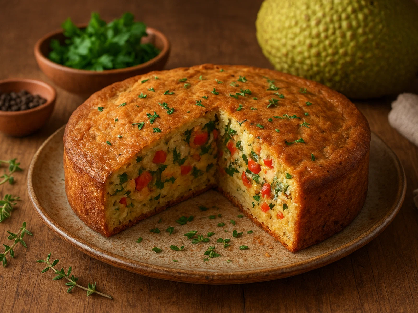 Herzhafter Brotfruchtkuchen mit Kräutern und Gewürzen
