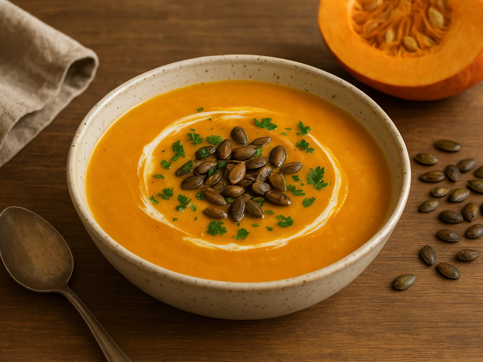 Kürbiscremesuppe mit gerösteten Kernen