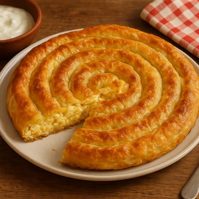 Traditionelle bulgarische Banitsa mit Käse, Ei und Joghurt
