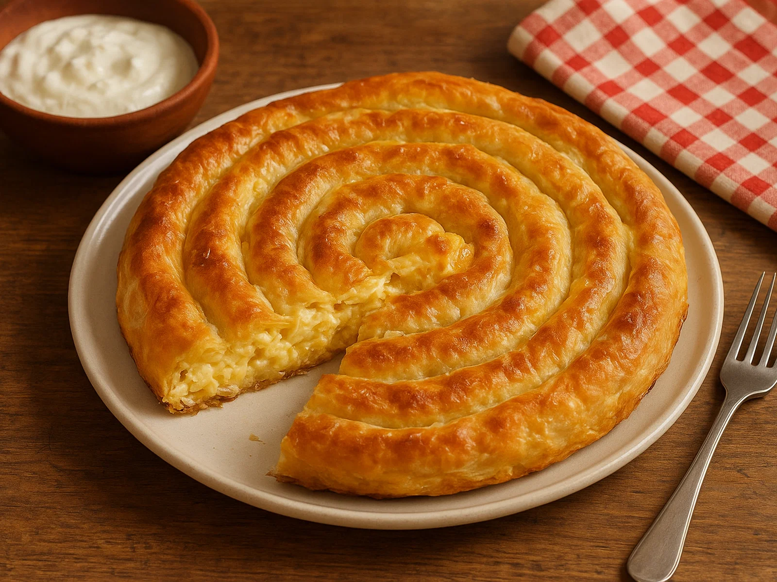 Traditionelle bulgarische Banitsa mit Käse, Ei und Joghurt