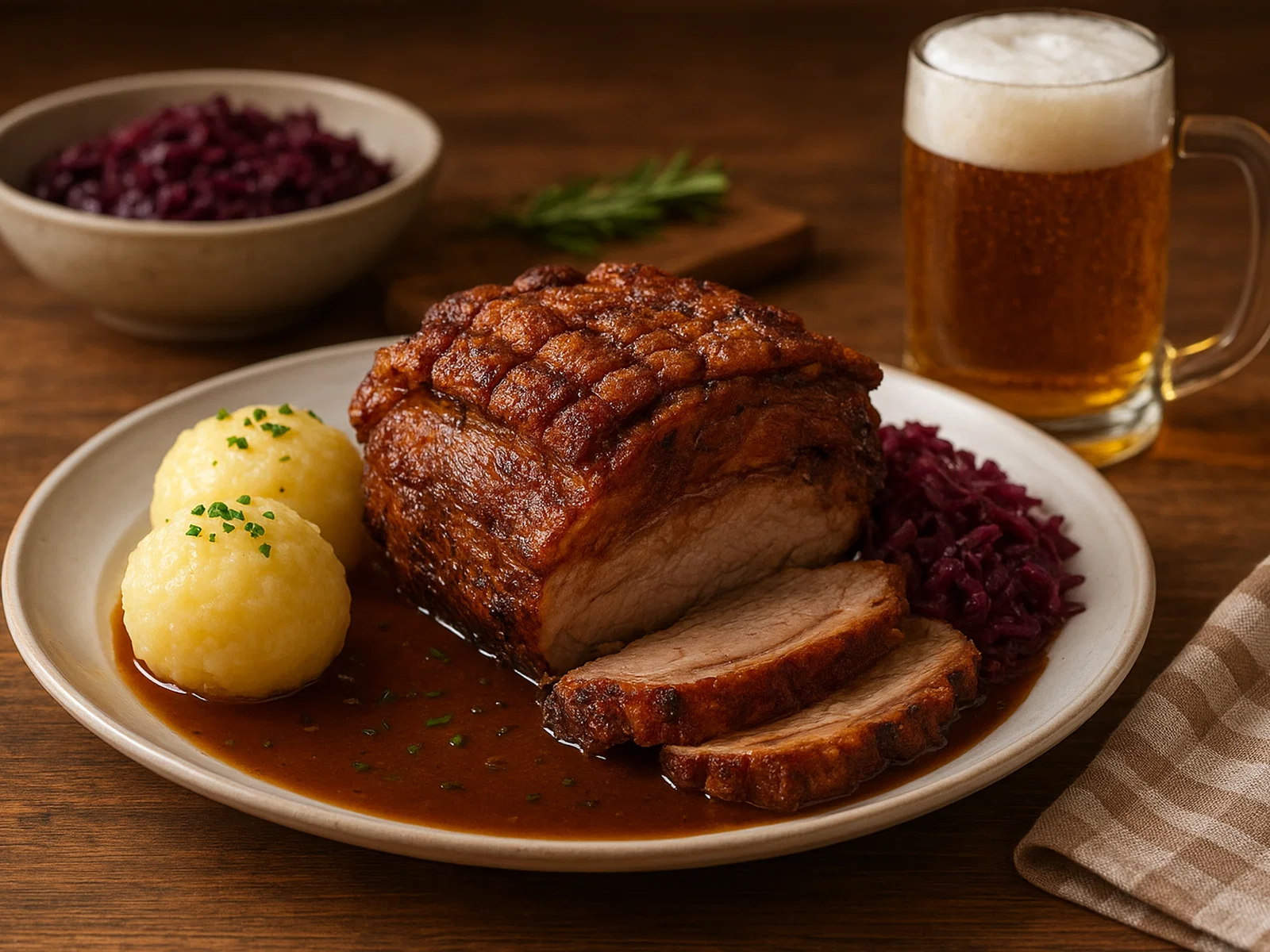 Knuspriger Schweinebraten mit Biersauce