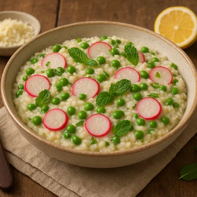 Radieschen-Risotto mit Erbsen und Minze
