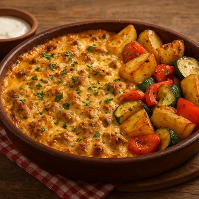 Vegane Tavë Kosi mit Sojajoghurt, Kräutern und Gemüse