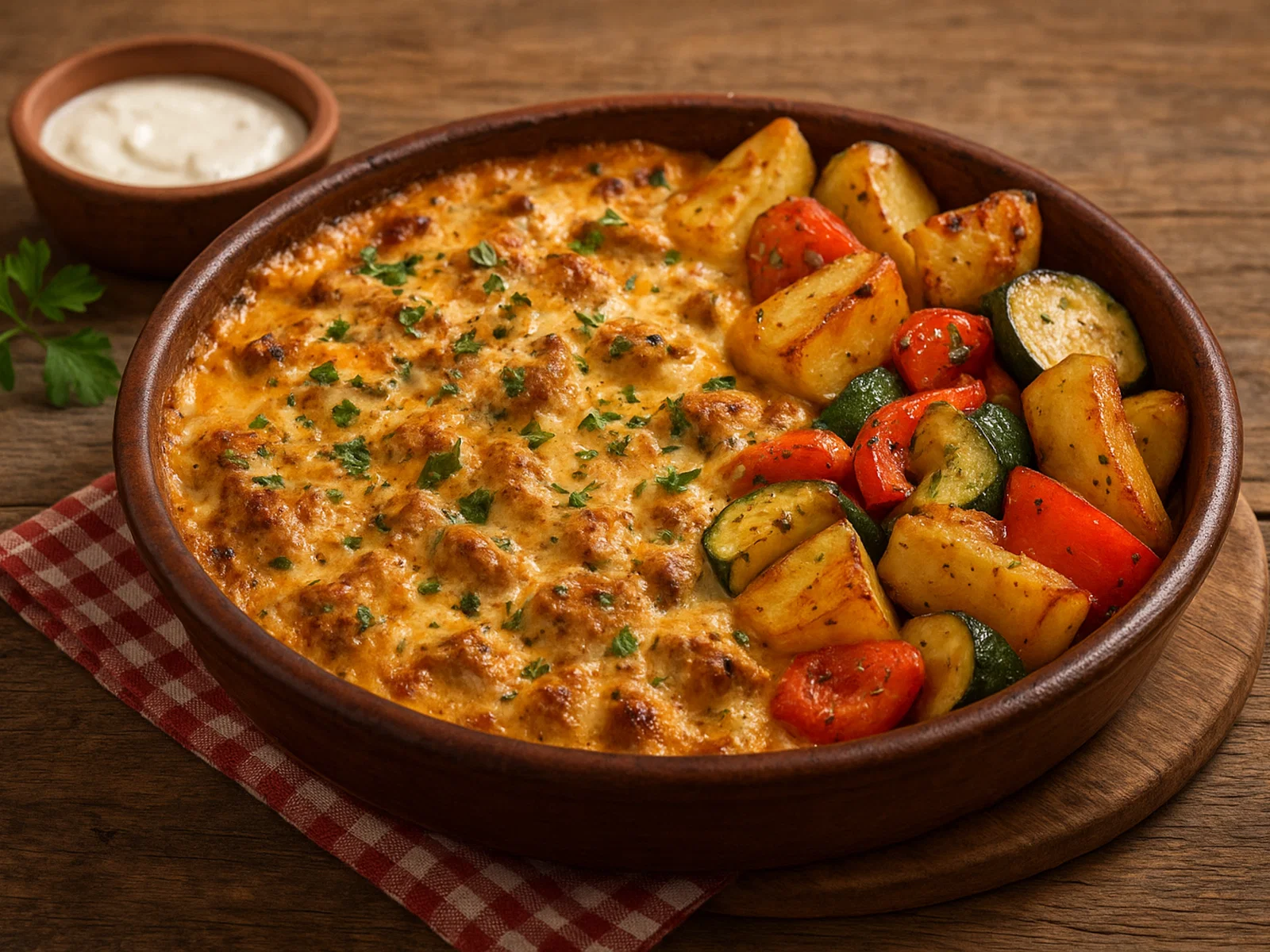 Vegane Tavë Kosi mit Sojajoghurt, Kräutern und Gemüse