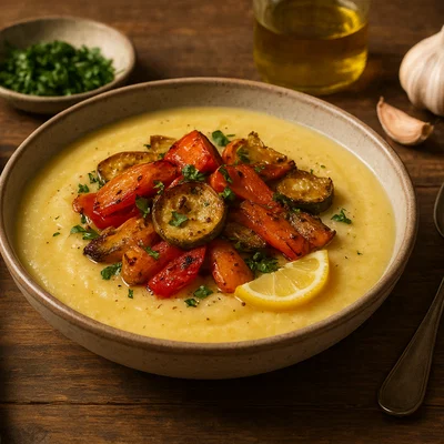 Polenta-Suppe mit geröstetem Gemüse