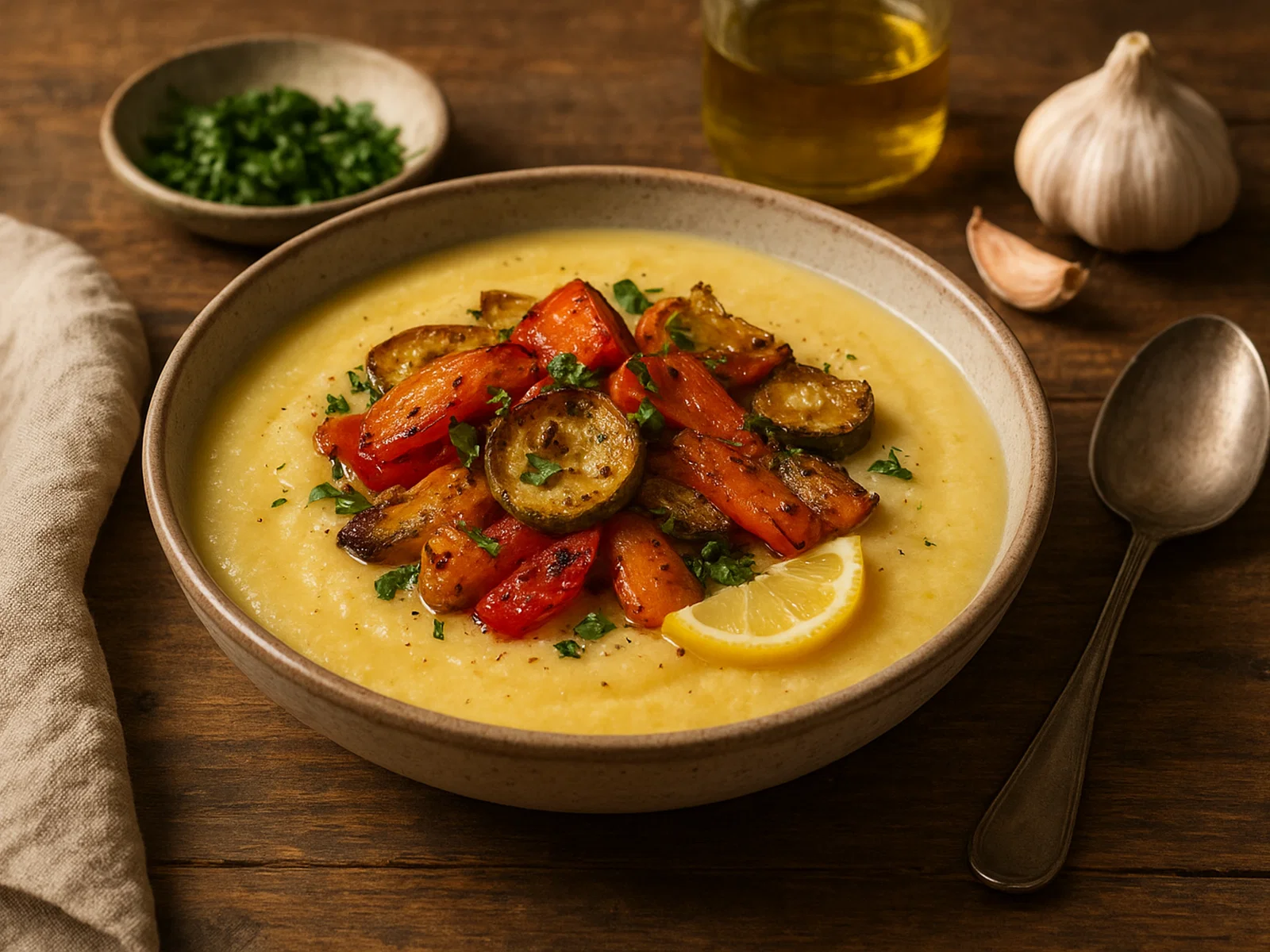 Polenta-Suppe mit geröstetem Gemüse