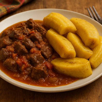 Katogo mit Kochbananen und Rindfleisch