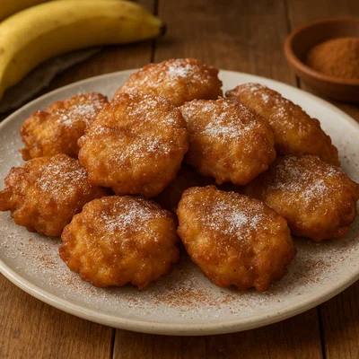 Knusprige Bananenfritters mit Zimt und Puderzucker