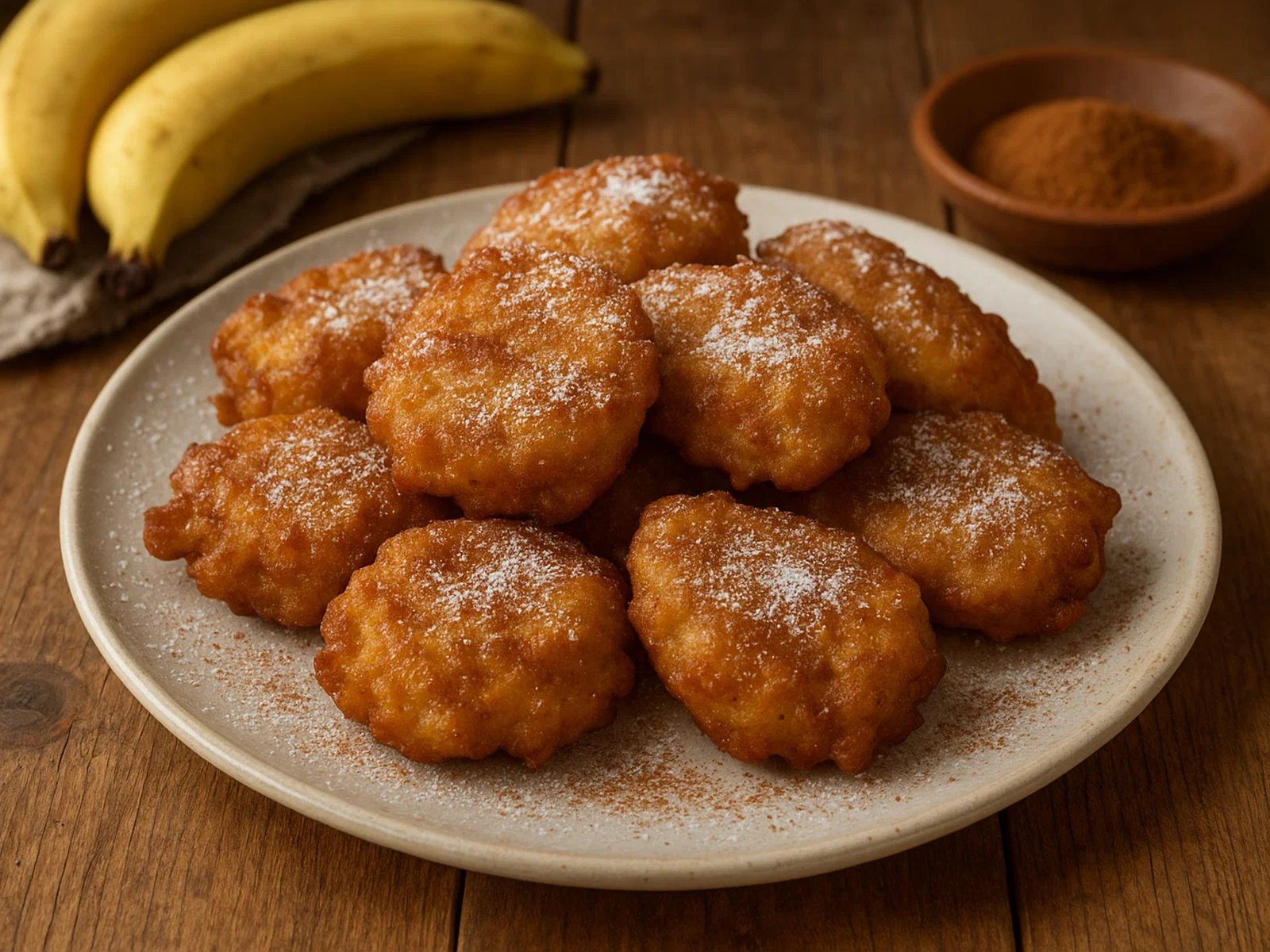 Knusprige Bananenfritters mit Zimt und Puderzucker
