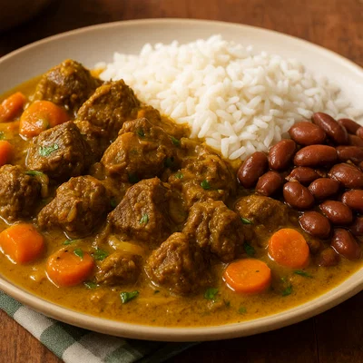 Karibische Curry-Ziege mit Kokos, Karotten und Reis & Bohnen