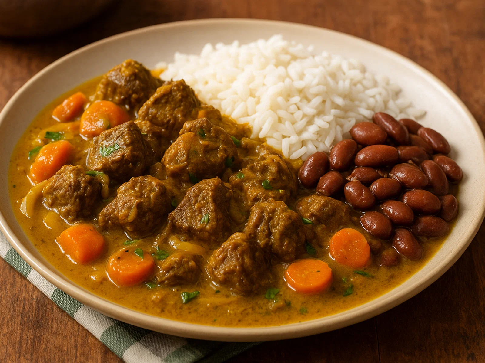 Karibische Curry-Ziege mit Kokos, Karotten und Reis & Bohnen