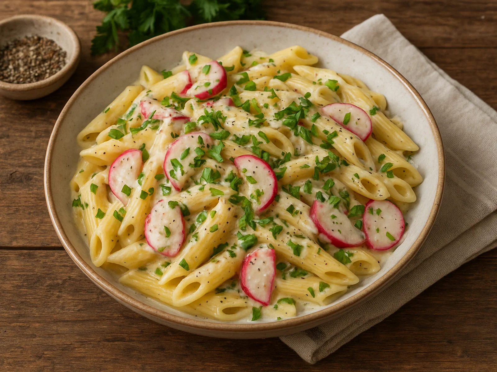 Penne mit cremiger Radieschen-Senf-Sauce
