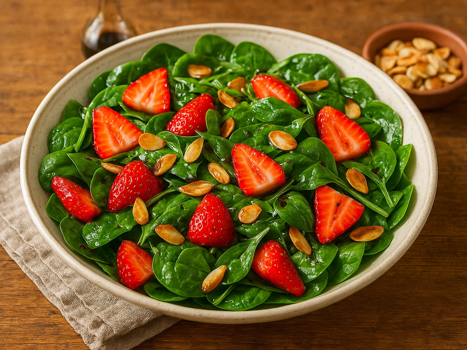 Spinatsalat mit Erdbeeren und gerösteten Mandeln
