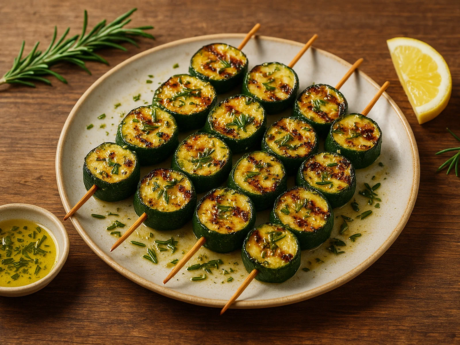 Gegrillte Zucchinispieße mit Knoblauch-Rosmarin-Marinade