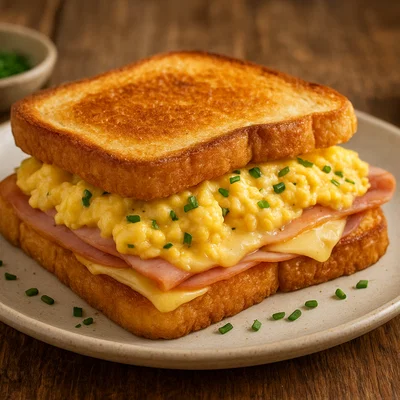 Herzhaftes Rührei-Sandwich mit Schinken und Käse