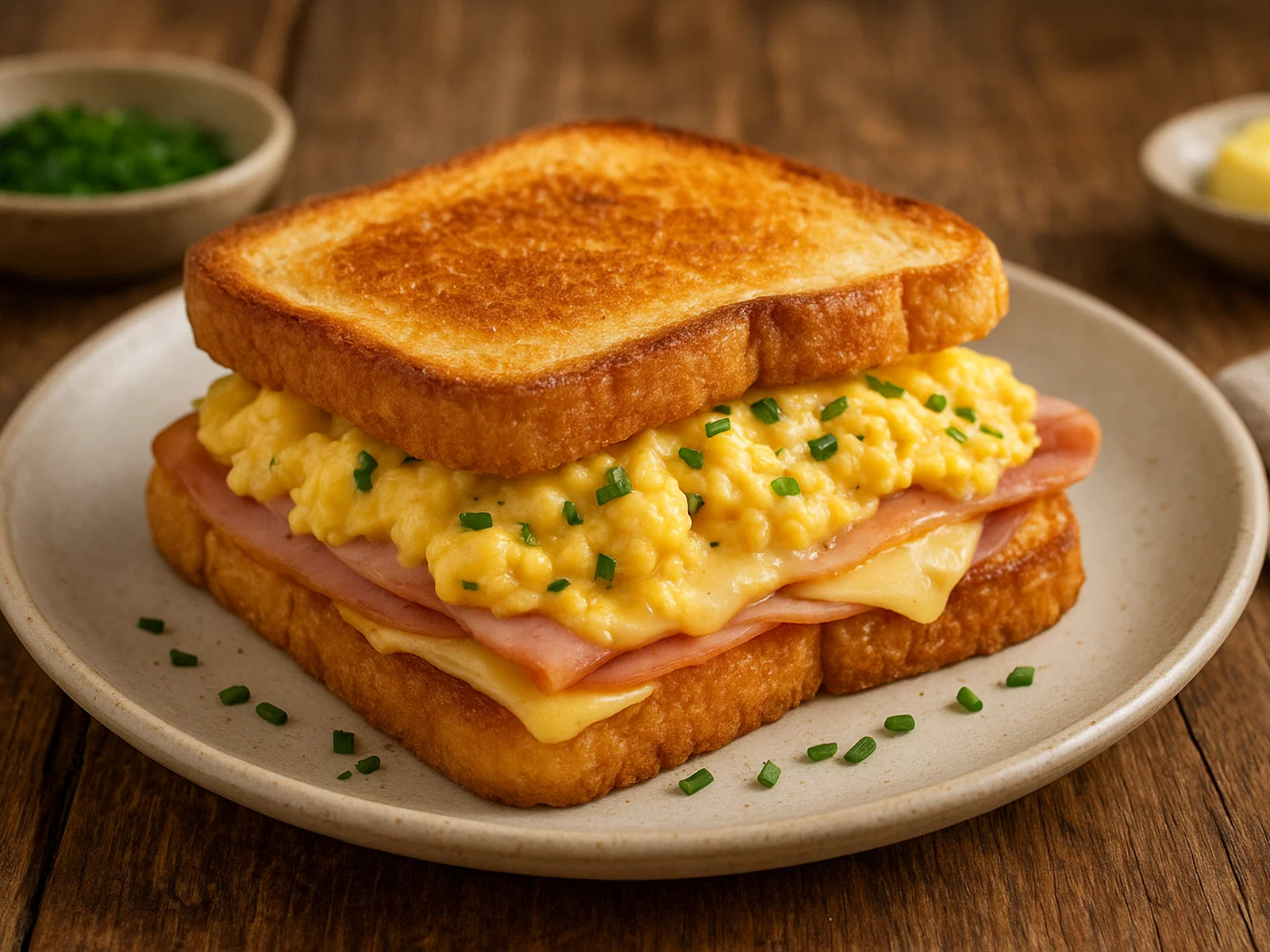 Herzhaftes Rührei-Sandwich mit Schinken und Käse