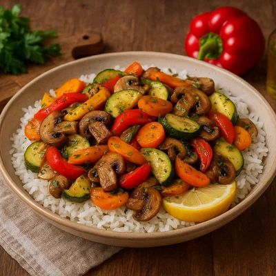 Bunte Gemüsepfanne mit Reis